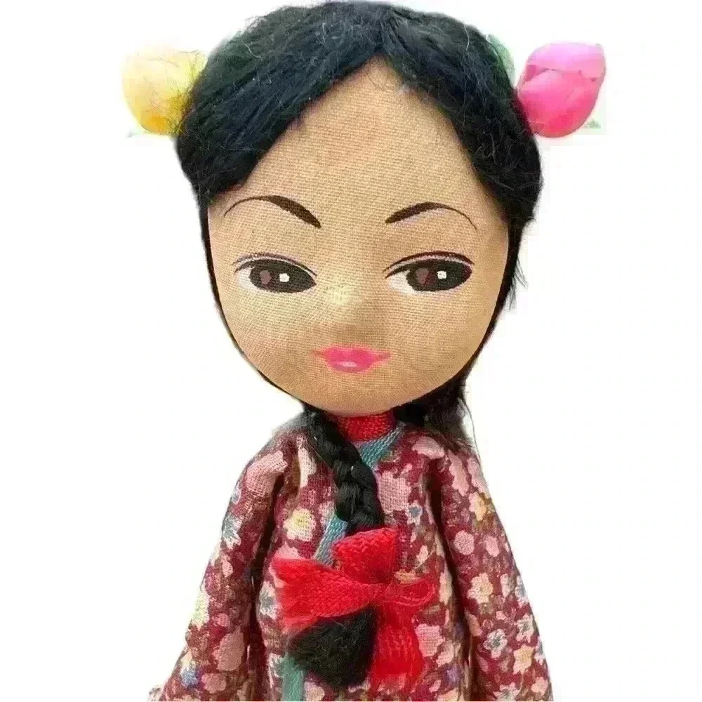 VTG Mid Century Handmade Painted Chinese Peg Doll with Red Floral Robe